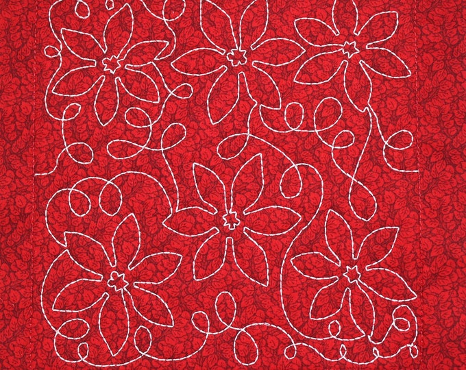 Red Christmas Poinsettia Free Motion Embroidered Quilt Block Complete With Batting, Ready To Add To Your Sewing or Quilting Project!