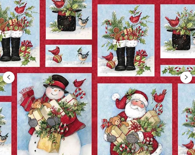 Gathering the Gifts Christmas Holiday Glitter Quilting Fabric by Susan Winget, Santa, Snowman, By The Yard, Rare!
