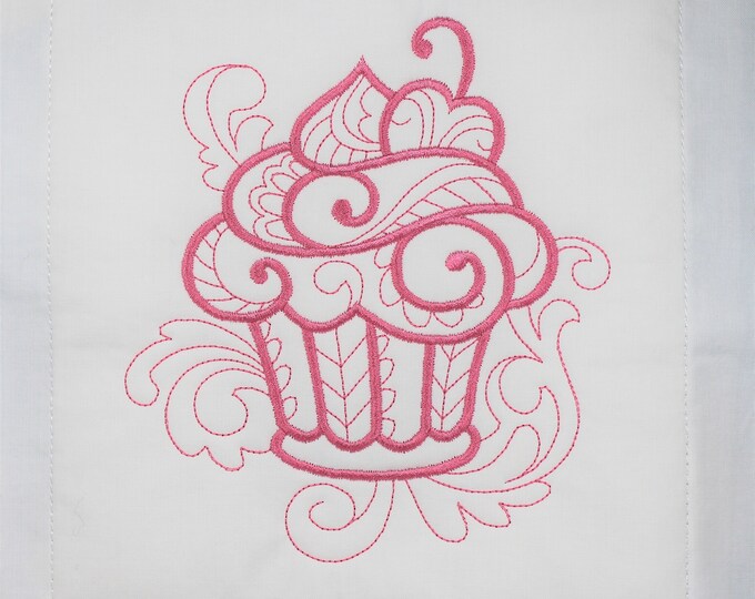 Adorable Pink Cupcake Machine Embroidered Quilt Block Complete w/Batting Ready To Add To Your Sewing or Quilting Project!