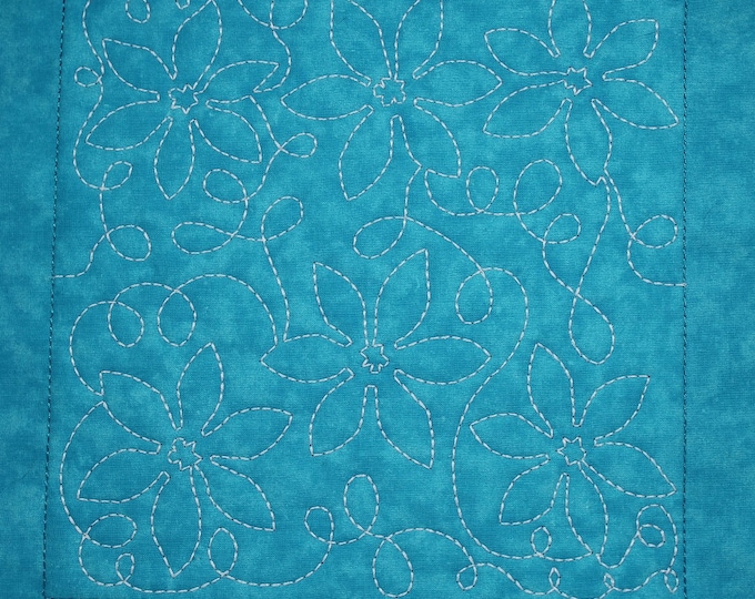 Turquoise Christmas Winter Poinsettia Free Motion Embroidered Quilt Block Complete w/Batting Ready To Add To Your Sewing or Quilting Project