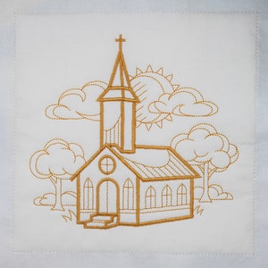 Light Gold Church Machine Embroidered Quilt Block Complete w/Batting Ready To Add To Your Sewing or Quilting Project!
