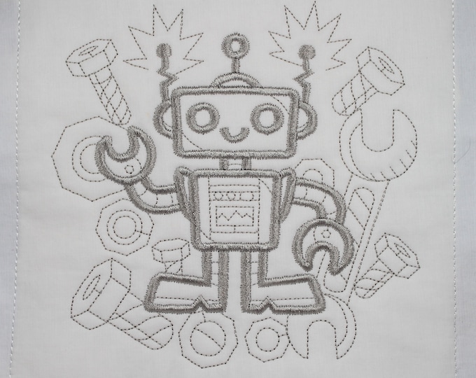 Cute Silver Robot Machine Embroidered Quilt Block Complete w/Batting Ready To Add To Your Sewing or Quilting Project!