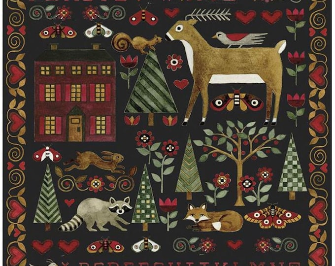 For the Love of Nature Fabric Panel on Black by Teresa Kogut for Riley Blake 36" Deer Fox Raccoon Rabbit Squirrel House Sampler Style