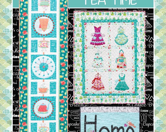 Tea Time Table Runner, Wall Hanging & Sign Applique Quilt Pattern by Cherry Blossoms Quilting with SVG Cut Files