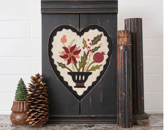 Poinsettia December Christmas Gathered Hearts Thru The Year Wool Applique Pattern by Buttermilk Basin 12" x 14"