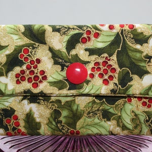 Red Gold Holly Berries Fabric Gift Card Holder, Business Card Case, Credit Card Holder, with Snap Closure, Reusable, Christmas Holiday