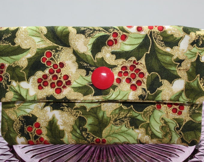 Red Gold Holly Berries Fabric Gift Card Holder, Business Card Case, Credit Card Holder, with Snap Closure, Reusable, Christmas Holiday