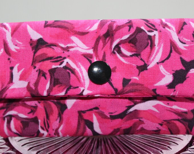 Pink Roses on Black Floral Flowers Fabric Gift Card Holder, Business Card Case, Credit Card Holder, with Snap Closure, Reusable