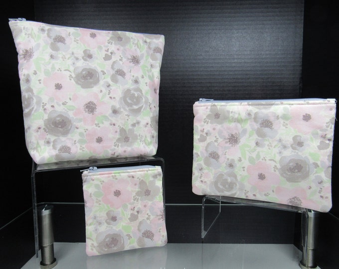 Light Pink & Grey Flowers Floral Choice of Handmade Zipper Padded Pouch, Coin Change Purse, Cosmetic Bag, Make up, Travel, School