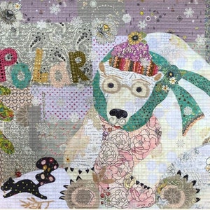 May include: A white polar bear wearing a pink and purple hat, teal scarf, and glasses, surrounded by flowers and trees. The word "Polar" is spelled out in colorful letters in the background.