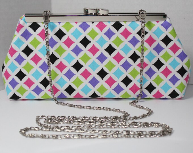 Bright Fun Geometric Pattern Pink Blue Purple Green Framed Clutch Purse Hand Bag Handmade Bridal Prom Bridesmaid Gift