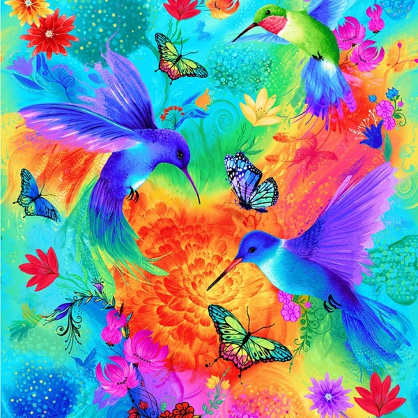 New! Aqua Hummingbird Whirlwind Large Fabric Panel 24 in x 44in From Timeless Treasures by Chong-A Hwang - In Stock!