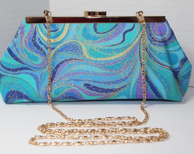 Purple Blue Gold Swirl Framed Clutch Purse Hand Bag Handmade Bridal Prom Wedding Evening Bridesmaid Gift