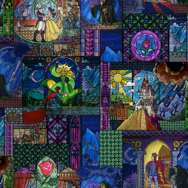 Disney Beauty & The Beast Stained Glass Cotton Fabric Quilting Sewing 1 yard 26" Piece