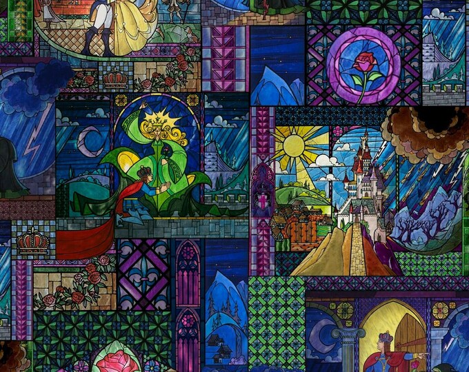 Disney Beauty & The Beast Stained Glass Cotton Fabric Quilting Sewing By The Yard