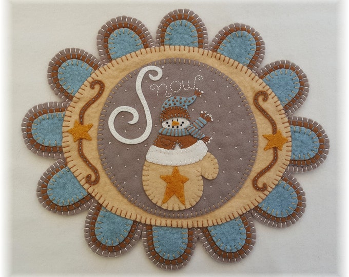 Warm Woolen Mitten Snowman Winter Candle Mat/Table/Wall Mat Wool Applique Pattern by Penny Lane Primitives 10.5 x 12.5"