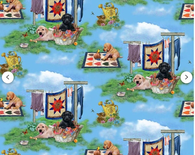 Pups in the Garden Quilting Fabric by Bob Giodano for Henry Glass, Labrador Dogs By The Yard