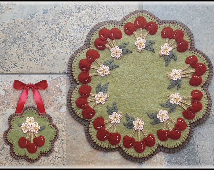 Cherry Blossom Time Candle Mat & Mini Mat Wool Applique Pattern by Penny Lane Primitives 11.5" Round