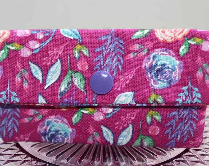 Pink & Purple Floral Flowers Fabric Gift Card Holder, Business Card Case, Credit Card Holder, with Snap Closure, Reusable