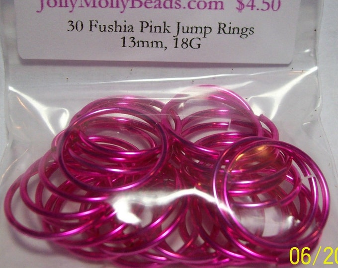 30 Beautiful FUSCHIA PINK Saw Cut Jump Rings, 13mm ID, 18 Gauge, Pink Silver Plated on Copper