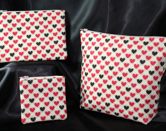 Red, Ivory, & Black Hearts Choice of Handmade Zipper Padded Pouch, Coin Change Purse, Cosmetic Bag, Make up, Travel, School, Phone Case