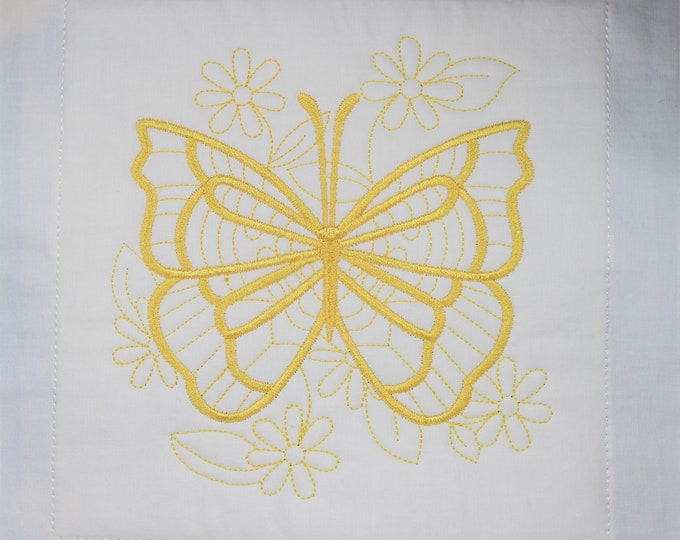 Bright Yellow Butterfly Machine Embroidered Quilt Block Complete w/Batting Ready To Add To Your Sewing or Quilting Project!