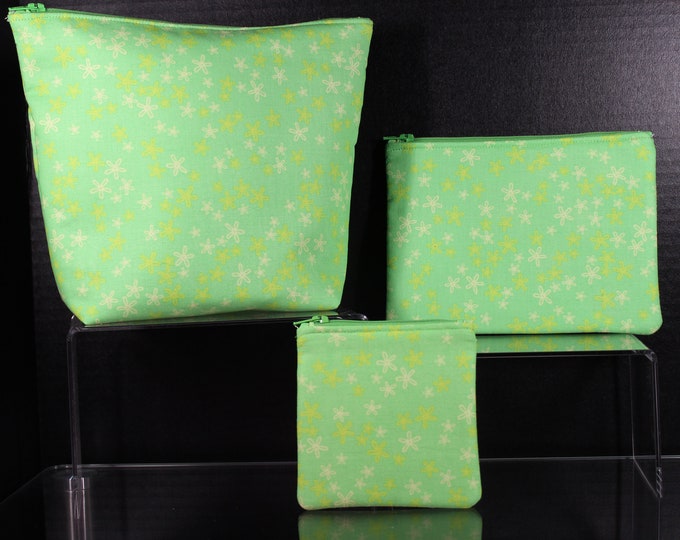 Bright Green with Flowers Choice of Handmade Zipper Padded Pouch, Coin Change Purse, Cosmetic Bag, Make up, Travel, School, Phone Case