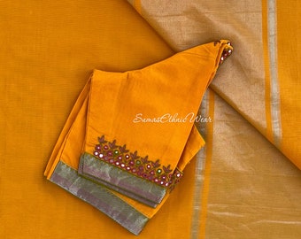 Yellow Cotton Saree Embroidered Blouse