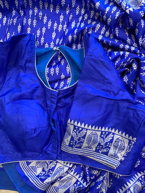 Blue Pure silk Block Print saree | Size 36/42 Blouse | SumasEthnicWear
