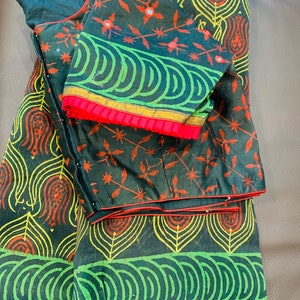 グリーンピュアチャンデリーシルクブロックプリントサリー | ブラウス