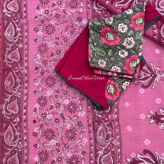 Cotton Pink Bandhani Saree Blouse Size 36 42 Etsy UK