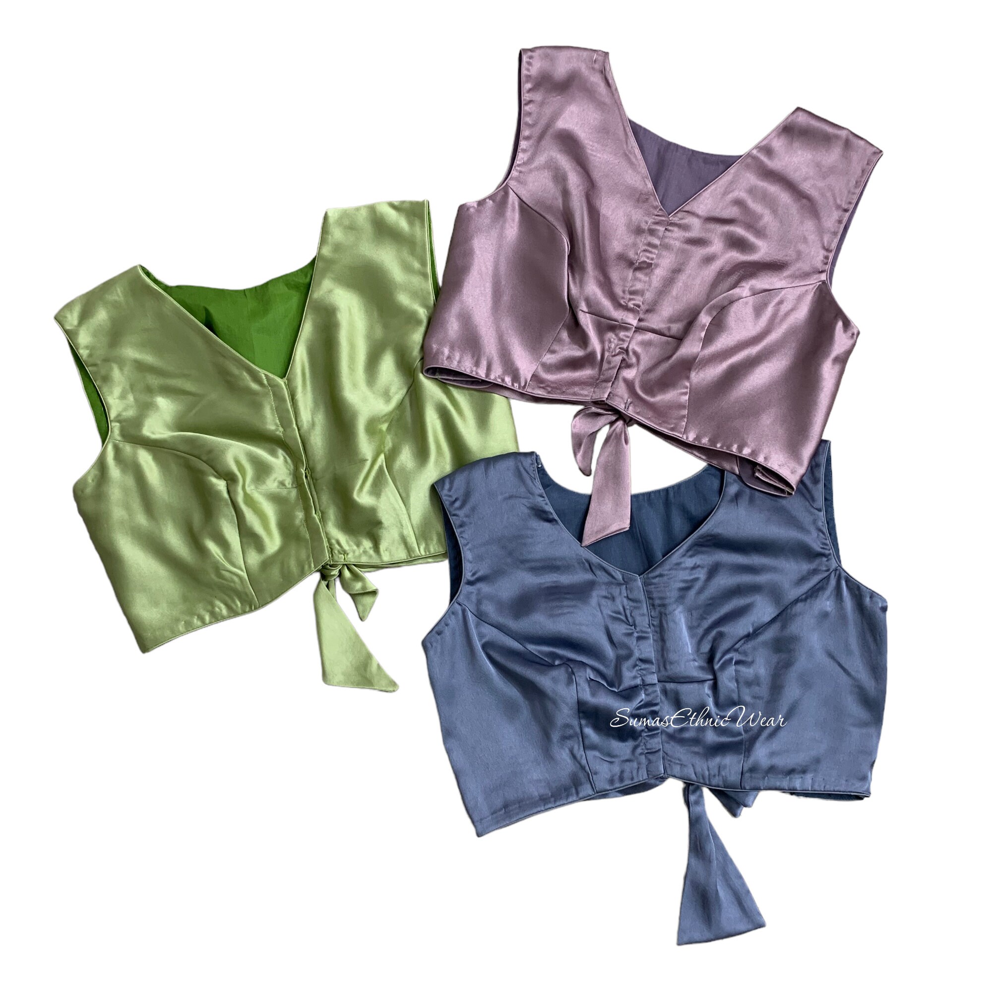 Blusa de satén azul de Prusia sin mangas con lazo, talla 34/38