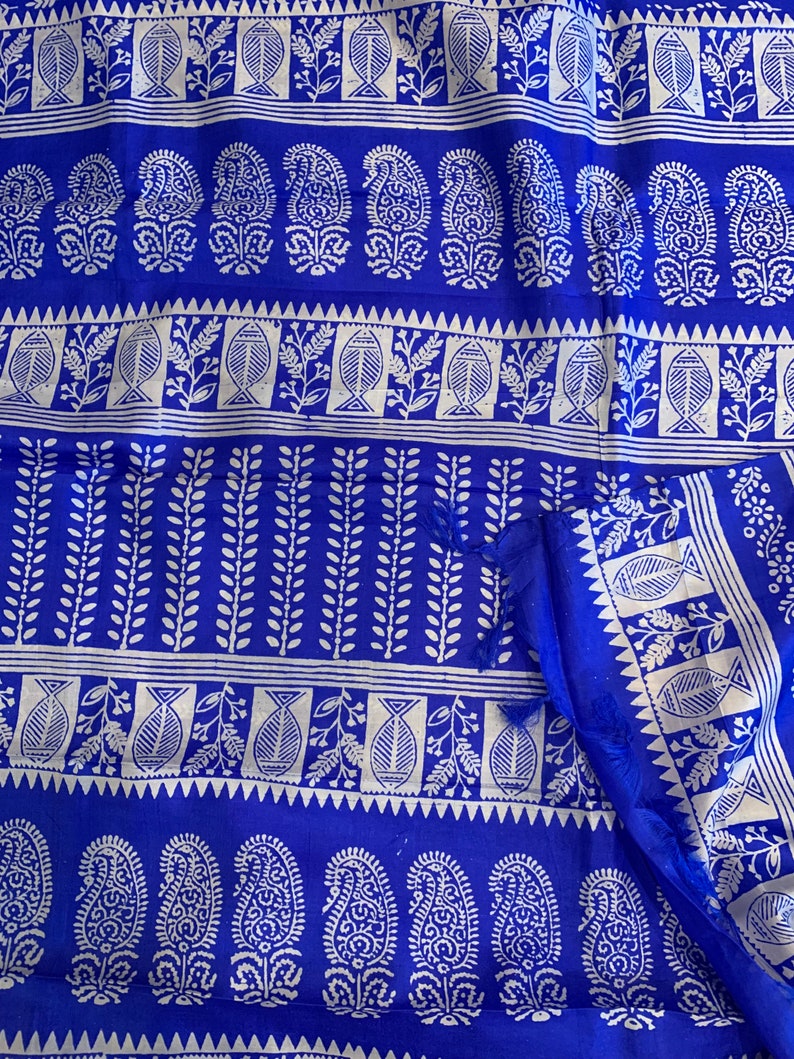 May include: Blue fabric with a white block print pattern. The pattern features paisley shapes, fish, and leaves.