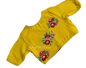 Yellow  Net Cotton Flower Embroidered Blouse