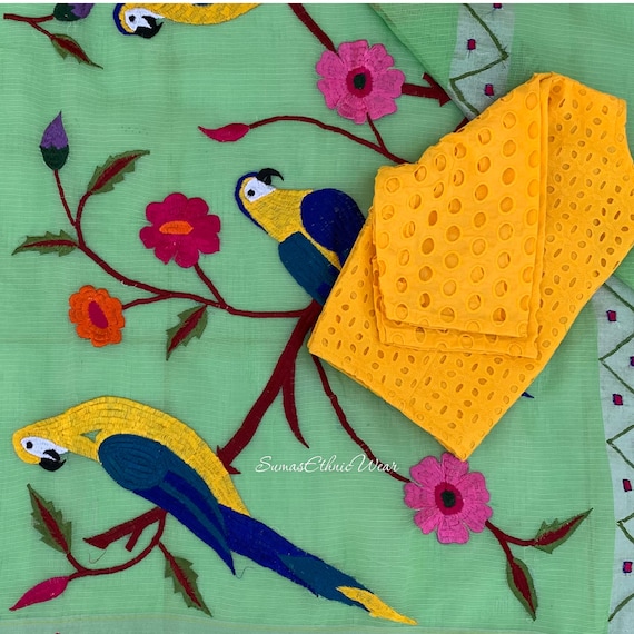 Green Yellow Kota Cotton Embroidered Saree
