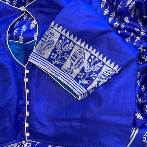 Blue Pure silk Block Print saree | Size 36/42 Blouse | SumasEthnicWear image 7