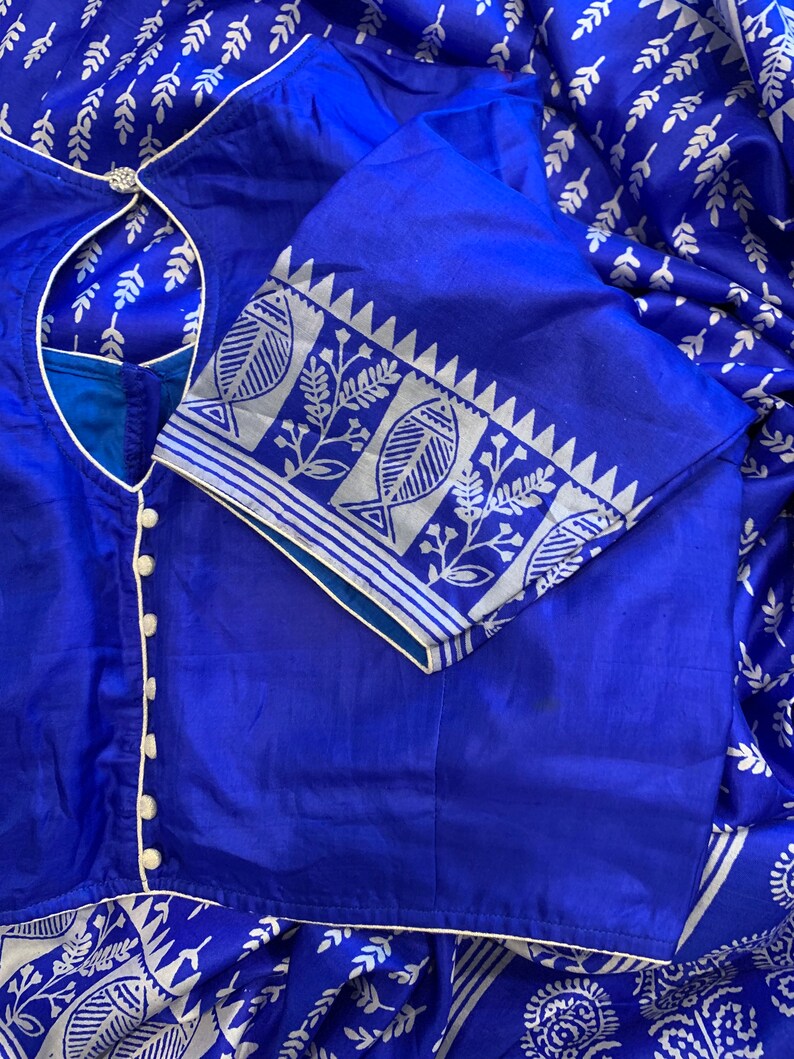 Blue Pure silk Block Print saree | Size 36/42 Blouse | SumasEthnicWear image 7
