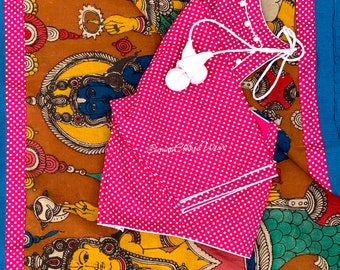 Yellow Pink Satin Floral Pen kalamkari Saree