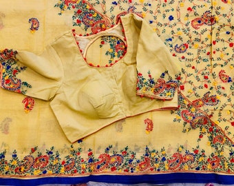 Lemon Tussar Silk Cotton Saree: Kashmiri Embroidery, Stitched Blouse (Size 36/42)