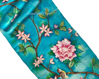 Hand-Painted Florals Birds Silk Scarf