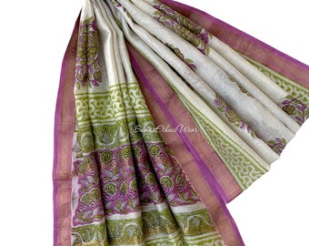 White Purple Silk Block Print Dupatta