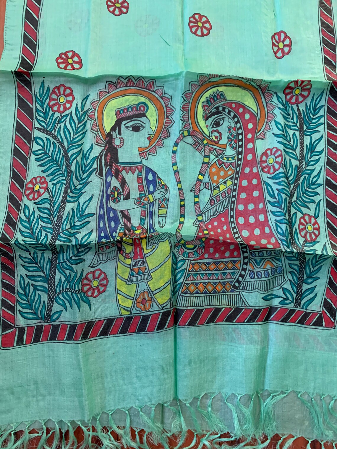 Beige - Handpainted Madhubani Handloom Tussar Cotton Dupatta  32