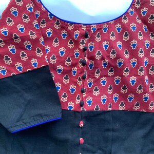 Size 36/42 Black, Red Block Print Handloom Cotton blouse with Potli Buttons | SumasEthnicWear