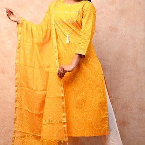 Yellow White Cotton Block Print Kurti Set