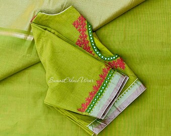 Green Cotton Saree  with Embroidered Blouse