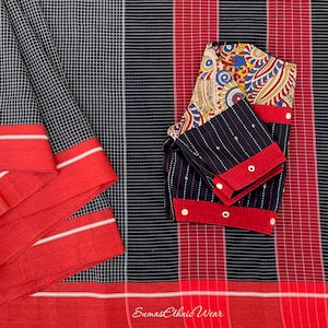 Handloom Cotton Black, Checks ilkal Saree | SumasEthnicWear