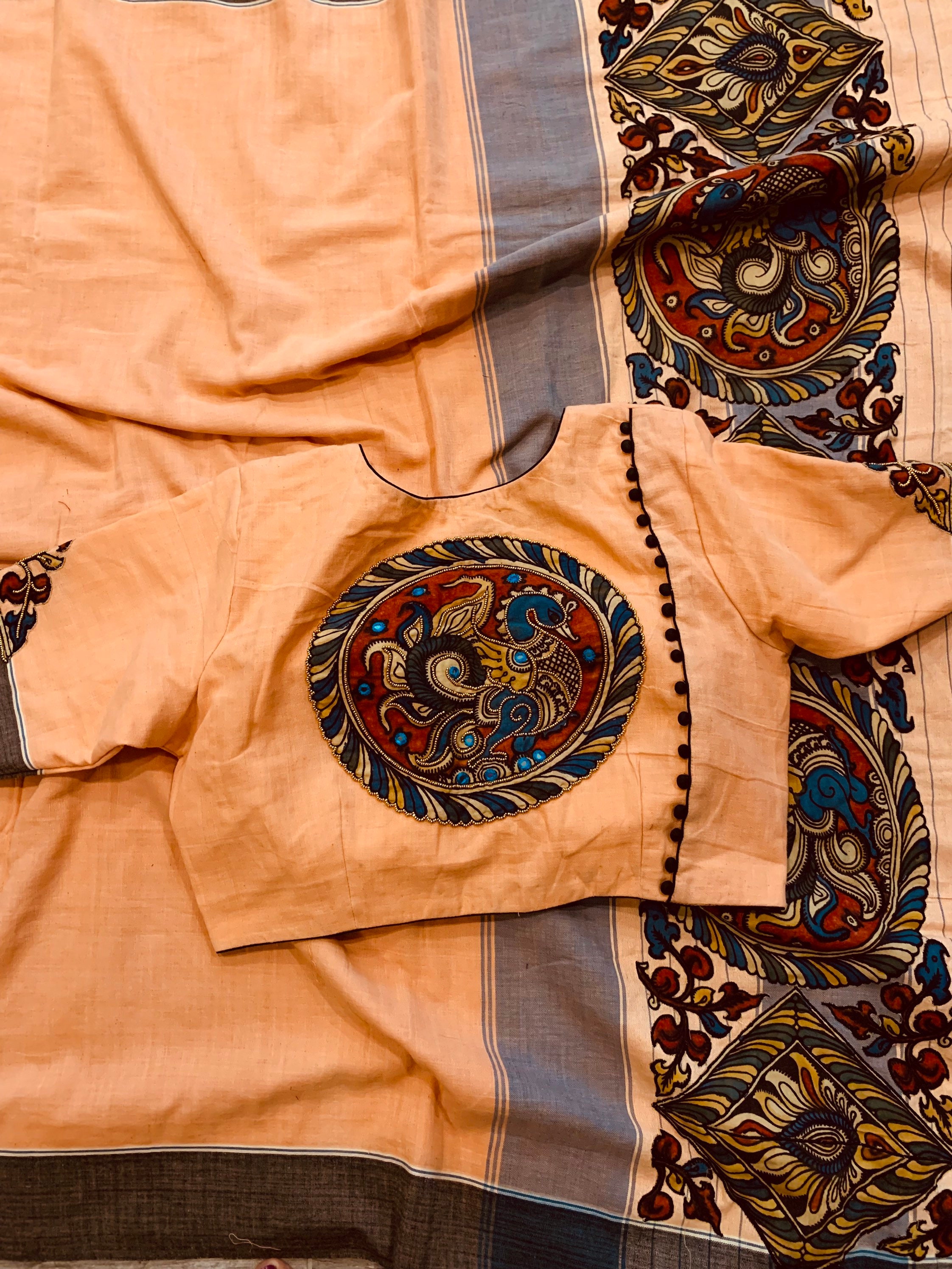 Peach Khadi Cotton Pen Kalamkari Saree 