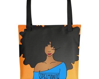 May include: A tote bag with an orange background and a black silhouette of a woman with an afro. The woman is wearing a blue shirt with the text "Spelmite 1881" on it.