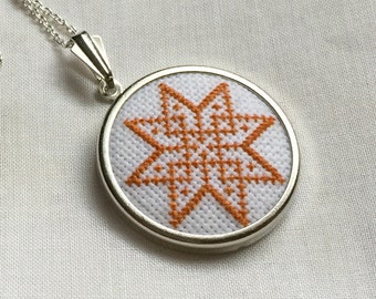 Necklace || Pumpkin Orange || Embroidered pendant necklace || Ukrainian embroidery || Starburst design S108