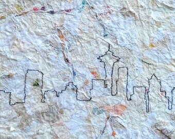 City skyline, fiber art 8 x 6, custom cityscape, mixed media artwork, moving gift, fabric wall hanging, embroidery, home decor, black white